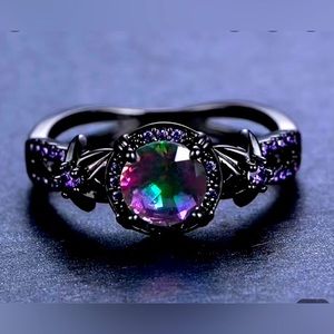 💎 Gorgeous Black Zirconium Ring With Purple Rhinestone Sz 7